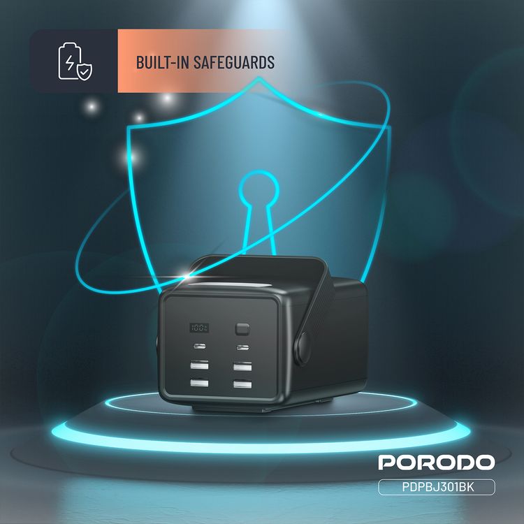 باور بانك بورودو لارا 80000 مللي أمبير/ساعة مع مصباح يدوي، مقبض محمول، PD 20 وات، شحن سريع، منفذين USB-A وUSB-C وMicro، 4 كابلات مدمجة، توافق عالمي - أسود