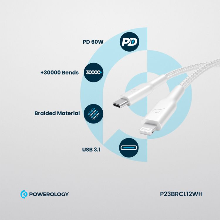 كابل شحن باورولوجي مضفر من USB-C إلى Lightning مع الشحن السريع ونقل البيانات، بقدرة توصيل طاقة 60 واط، وتوافق عالمي، بطول كابل 1.2 متر - أبيض