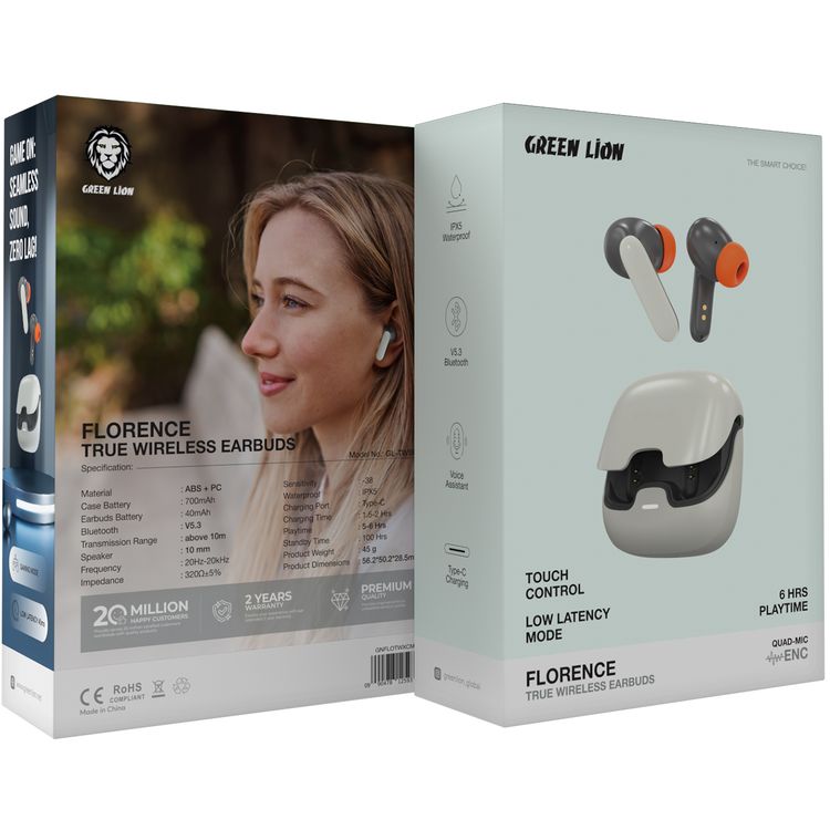Green Lion Florence True Wireless Earbuds with Touch Control, Low Latency Mode, Voice Assistant, Quad -Mic with ENC Technology, Gaming Mode, Up to 6 Hours Play Time, 100 Hours Standby Time, Type-C Charging Port, Above 10m Transmission Range - Cream