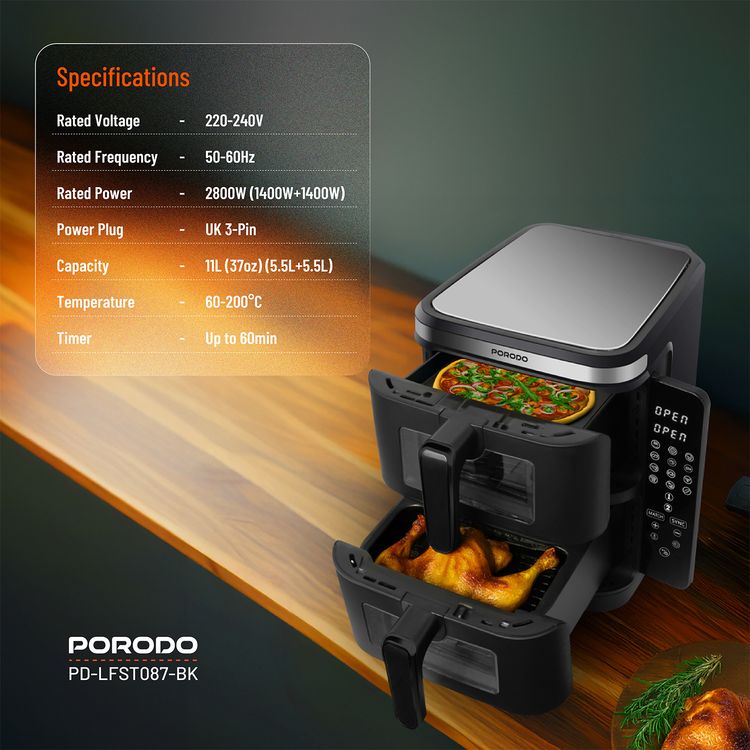 Porodo Lifestyle Double Stack Air Fryer, 11L Capacity, 2800W Power, 220-240V Voltage, 50-60Hz Frequency, 12 Presets, Touch Control - Black