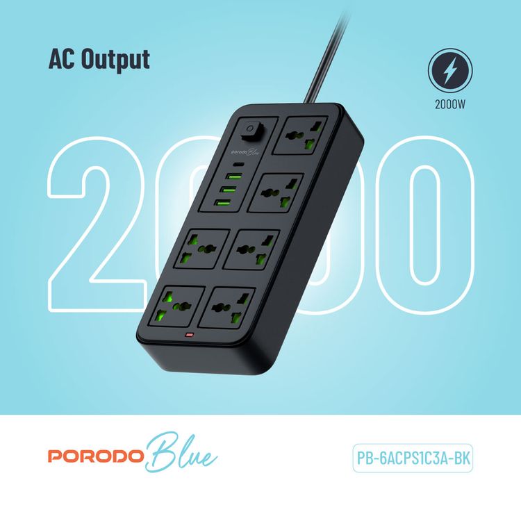 Porodo Blue 6 AC Universal Sockets Power Strip with Type-C, 3 USB-A UK, 3m Cable Length, Universal Sockets - Black