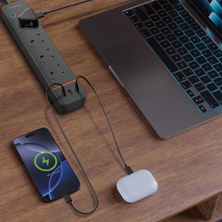 Porodo ChargeLink Smart Power Strip with 4 AC Sockets, USB-A & USB-C Ports, WiFi 2.4 GHz & Bluetooth Version 5.1 Connectivity, UK 3-Pin Plug, 1.8m Cord Length, Built-in Safety Features - Black