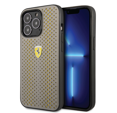 Ferrari PU Leather Perforated Case with Nylon Base & Yellow Shield Logo iPhone 14 Pro Compatibility - Yellow
