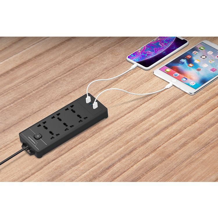 Powerology Power Strip with Power Switch, 20W PD, 3m, UK Plug, 5V/3A Simultaneous Use, 2 USB-C Ports, 2 USB-A Ports, 6 AC Sockets - Black