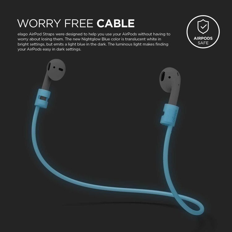 Elago Silicone Strap For Apple Airpods 1/2 Generation, keeping AirPods close by during outdoor activities, Easy Cable To Store - Night Glow Blue