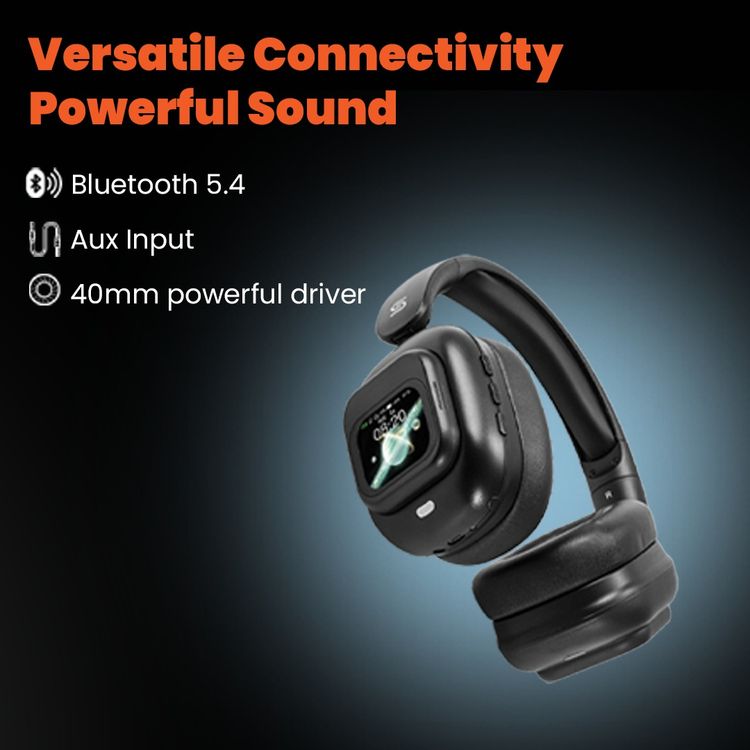 Porodo Soundtec Touchwave ANC Headphones with Detachable Touch Screen, 300mAh Battery Capacity, USB-C Charging Port, 2 Hours Charging Time, Bluetooth Version 5.4, 10m Transmission Range, Up to 29 Hours Play Time, Built-in Microphone, Immersive Audio, Compact Foldable Design - Black