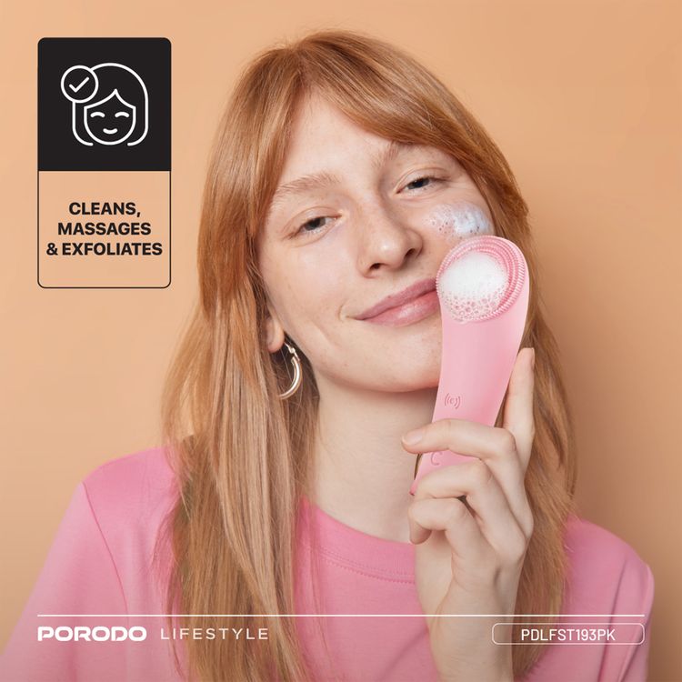 Porodo Sonic Vibration Facial Cleansing Brush with Massage & Exfoliate Function, 6000RPM High-Frequency Vibration, Warm Compress, 400mAh Battery Capacity, USB-C Charging Interface, 2 Hours Charging Time, Gentle Silicone Bristles - Pink