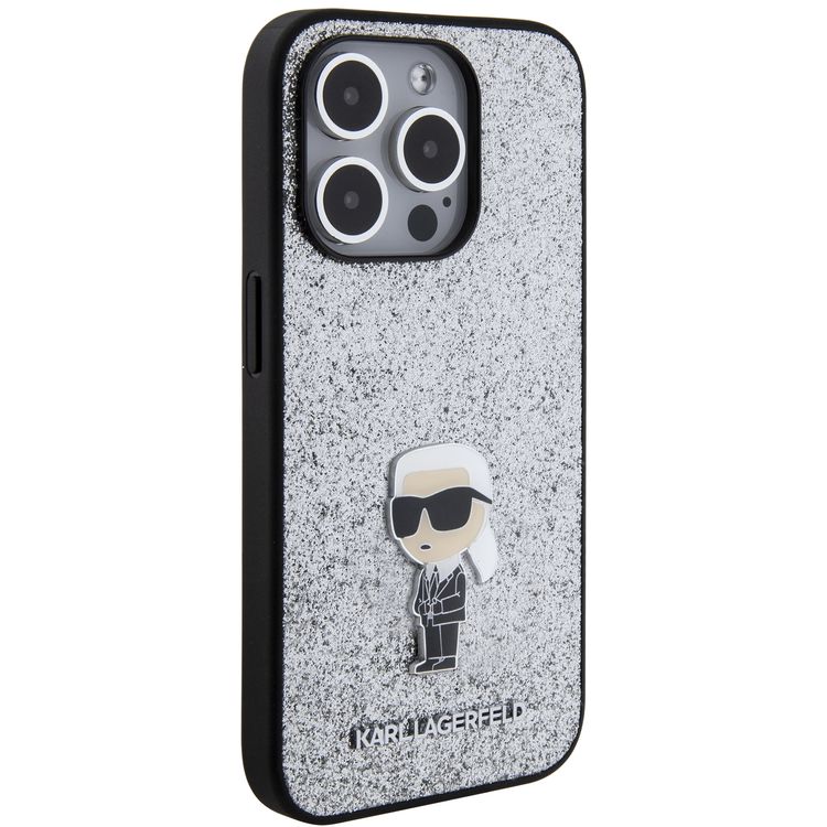 Karl Lagerfeld Fixed Glitter Case with Ikonik Logo Metal Pin - Silver - iPhone 15 Pro Max