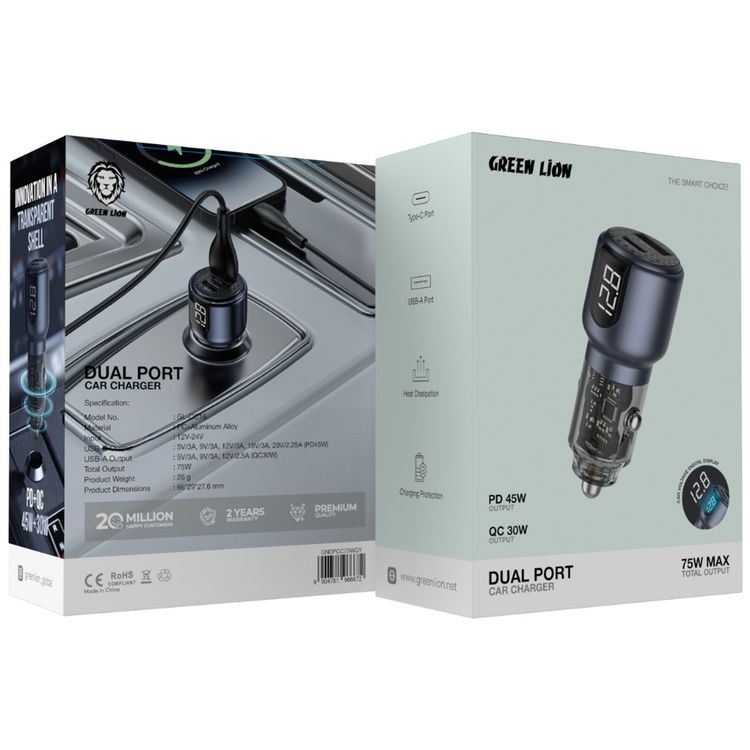 Green Lion Dual Port Car Charger with Digital Display, 75W Total Output, USB-C & USB-A Ports, Charging Protection, Heat Dissipation - Gray