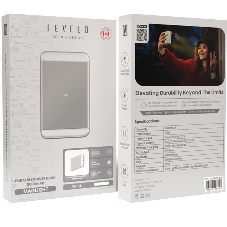 Levelo MagLight Portable Power Bank 8000mAh woth Rear & Selfie Fill Light, 20W Power Delivery, 3 Light Modes, Fast Charging Support, 15W Wireless Charging - Black 