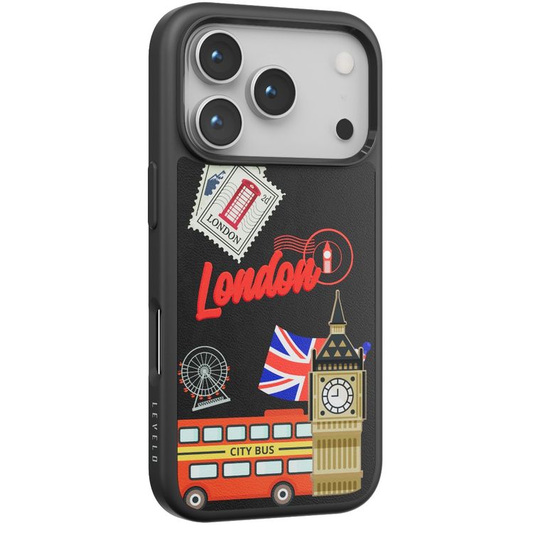Levelo Vallo PU Leather Case for iPhone 17 Pro Max with Embroidery London Finish, Comfortable Hold, Durable PU Leather, Raised Bezels for Camera and Screen, True Microfiber Interior Lining, Scratch & Wear Resistant, Shock-Resistant Bumper - Midnight Black