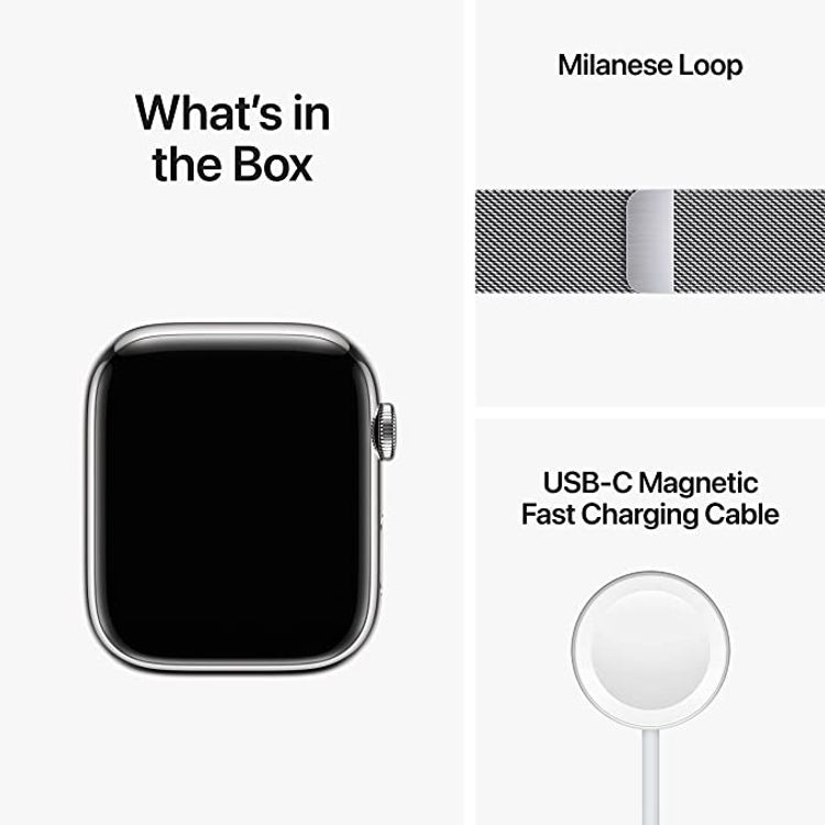Apple watch series 8 (GPS + Cellular) - Silver Stainless Steel Case, Silver Milanese Loop - 45 MM