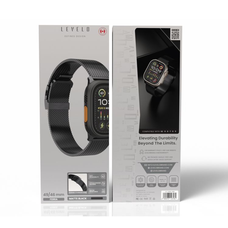 Levelo Ferra Milanese Watch Strap with Adjustable Length, Compatible with 49/46mm Smartwatches & Apple Watch SE, Series 9, 8, 7, 6, 5, Hypoallergenic Material, 24/7 Wearability, Water-Resistant, Anti-Oxidation Technology - Matte Black