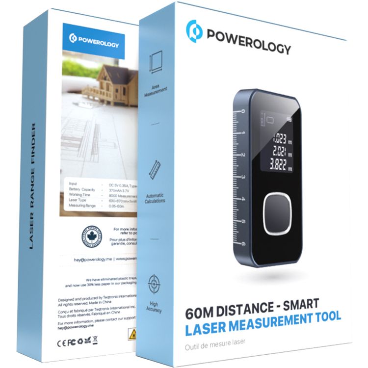 Powerology Smart Laser Measurement Tool with Up to 60m Distance Measurement, 370mAh Battery Capacity, Compatible with Meters, Inches & Feet - Blue