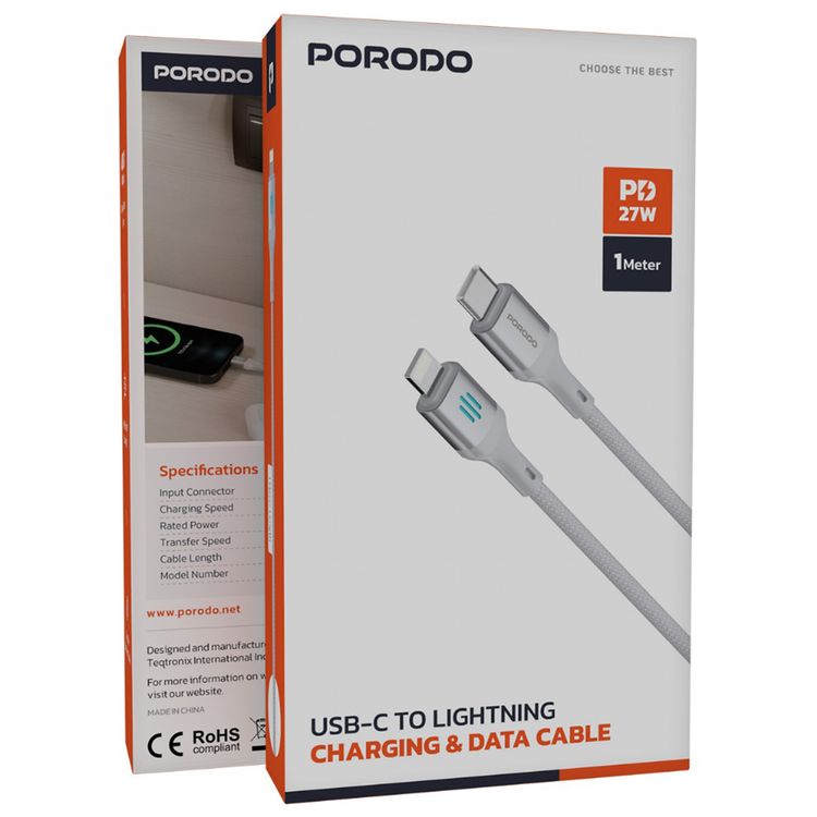 كابل الشحن ونقل البيانات من بورودو USB-C إلى Lightning بقوة توصيل 27 واط، بطول 1 متر، كابل مضفر بتصميم مقاوم للتشابك، سرعة نقل بيانات 480 ميجابت في الثانية، شحن سريع - فضي.