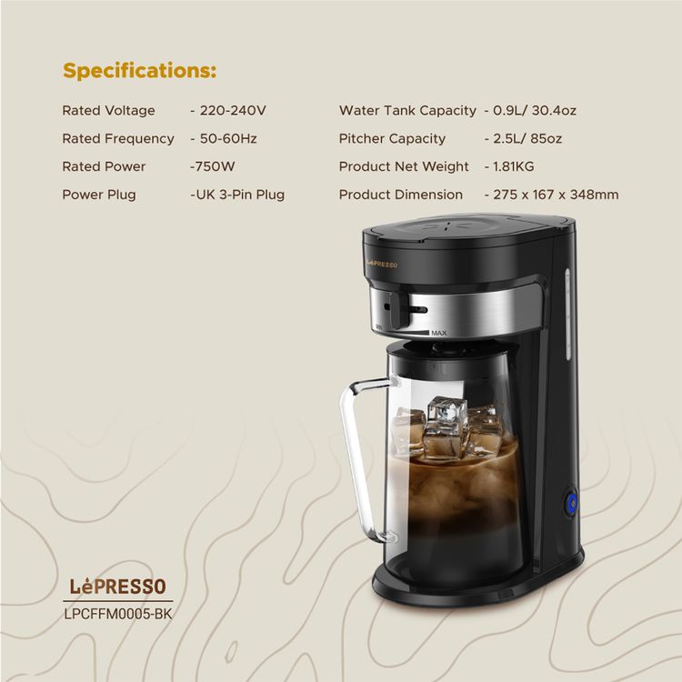LePresso Cold Brew Machine for Iced Coffee & Tea Preparation, 2.5L Pitcher Capacity, Adjustable Brew Strength, 900mL Water Tank Capacity, Auto Shut-Off, One-Tap Brewing - Black