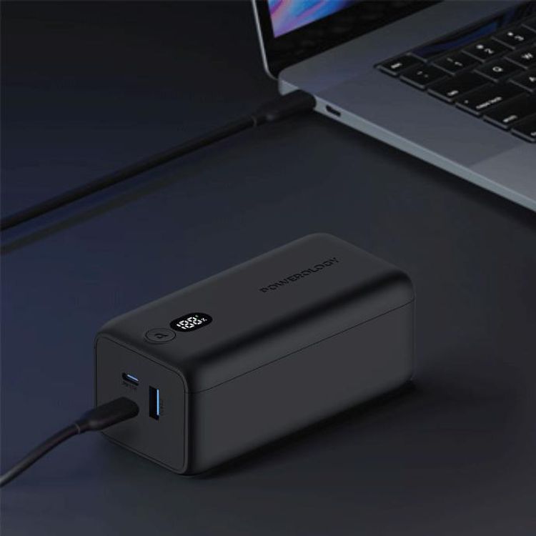 Powerology 20000mAh 65W Onyx Power Bank, Overcharging Protection, USB-A & x2 USB-C Output, LED Display, Fast Charging, Compatible With Laptop  - Black