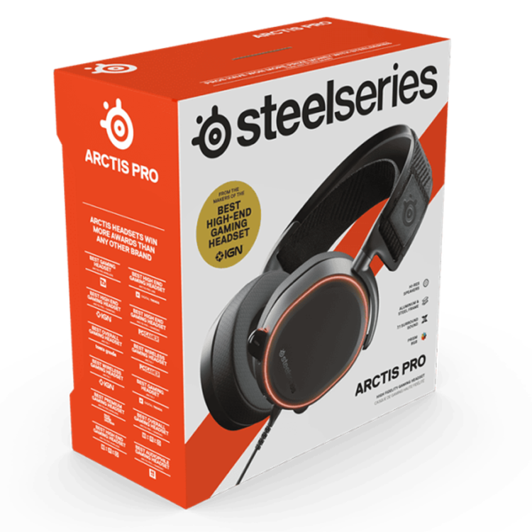 سماعة SteelSeries Arctis PRO ChatMix Dial، 40,000Hz Hi-Res، صوت محيطي DTS، سماعة رأس للألعاب للكمبيوتر الشخصي بإضاءة RGB - أسود