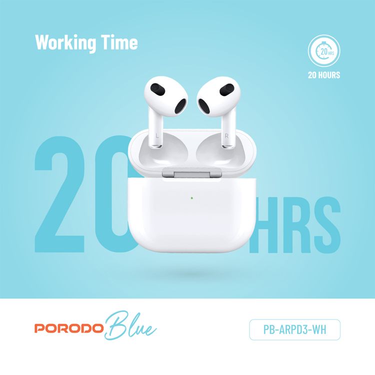 Porodo Blue Deep Bass Wireless Earbuds 3, 20 Hours Working Time, Type-C Charging Port, Environmental Noise Cancellation, Independent Earbuds, Touch Control - White