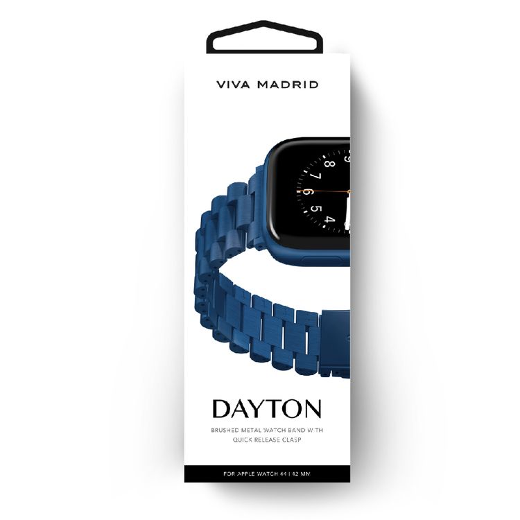 Viva Madrid Dayton Metal watch Strap for Apple Watch Series 42/44mm with Quick-release Folding Clasp, 304 Stainless Steel, Up to 10 Removable Links, Polished Outer Links with Brushed Center Links - Blue