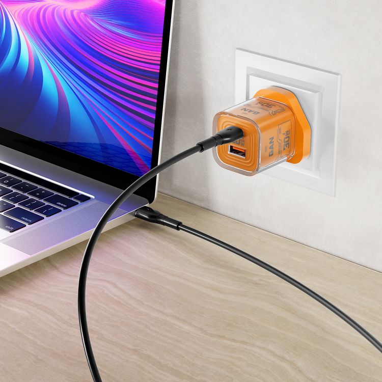 Porodo TEZCLARTÉ Quick Wall Charger with Dual Port Fast Charging, Flame Retardant Housing, Transparent Design, PD 30W USB-C Output, QC 20W USB-A Output - Orange
