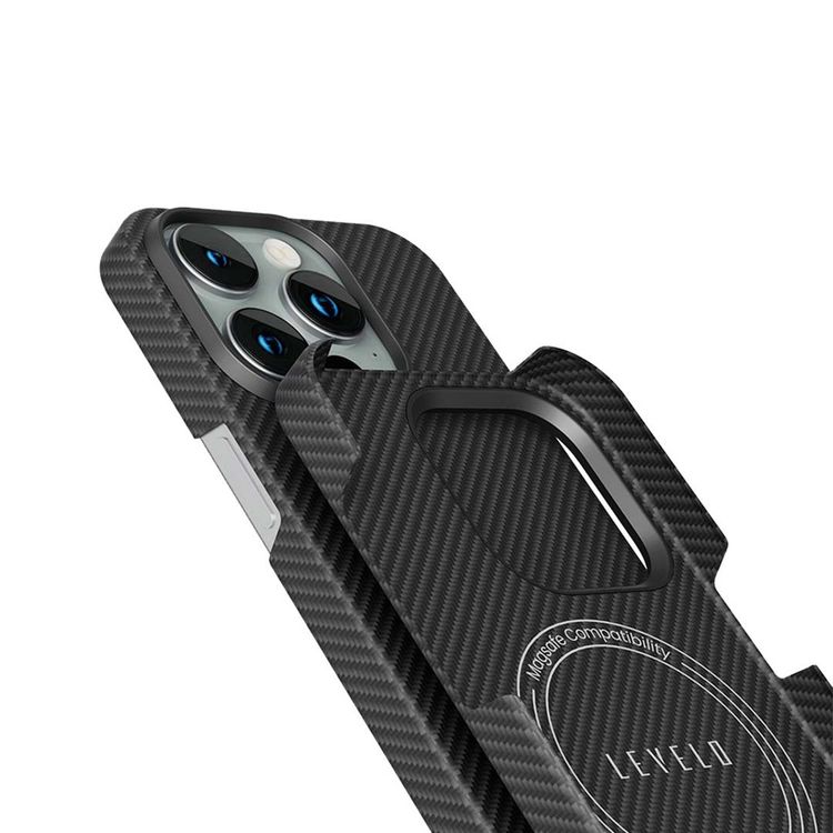  Levelo Sergei 1500D Aramid Fiber Case for iPhone 15 Pro, MagSafe Compatible, Shock-Proof Edges, Slim & Lightweight Design - Black
