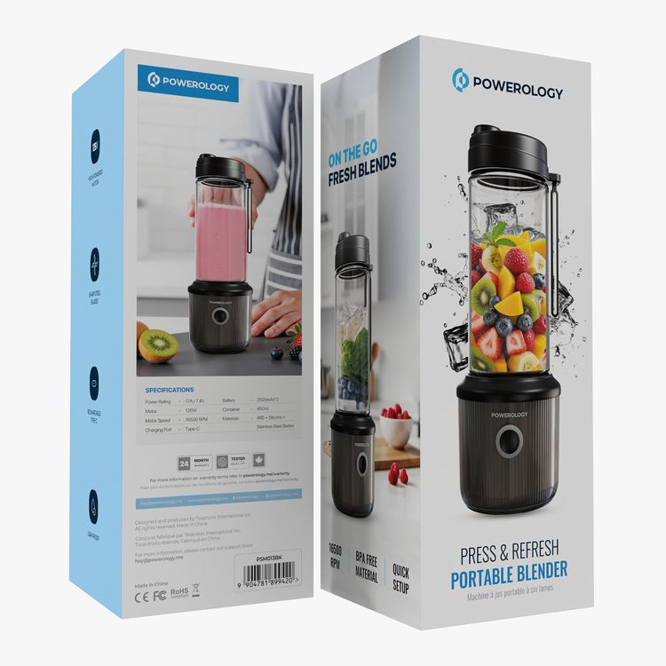 Powerology Press & Refresh Portable Blender with 450mL Capacity, 126W Motor Power, Sharp Steel Blades, Leakproof, BPA-Free Material, 16500RPM Motor Speed - Black