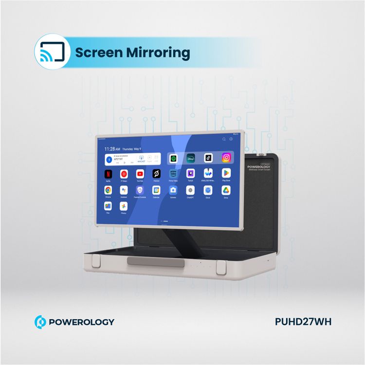 Powerology UHD Portable Outdoor Tablet with 27 Inches Screen, Full HD, Android, Briefcase Display, 90° Adaptable Viewing Angles, Screen Mirroring  - White