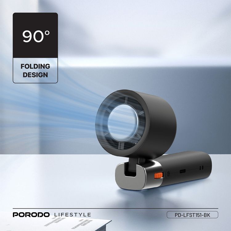 Porodo Lifestyle Handheld Turbo Fan with 100-Level Wind Speed Adjustment, Up to 4 Hours of Working Time, 13000RPM Operating Speed, Integrated Flashlight, 90° Folding Design - Black