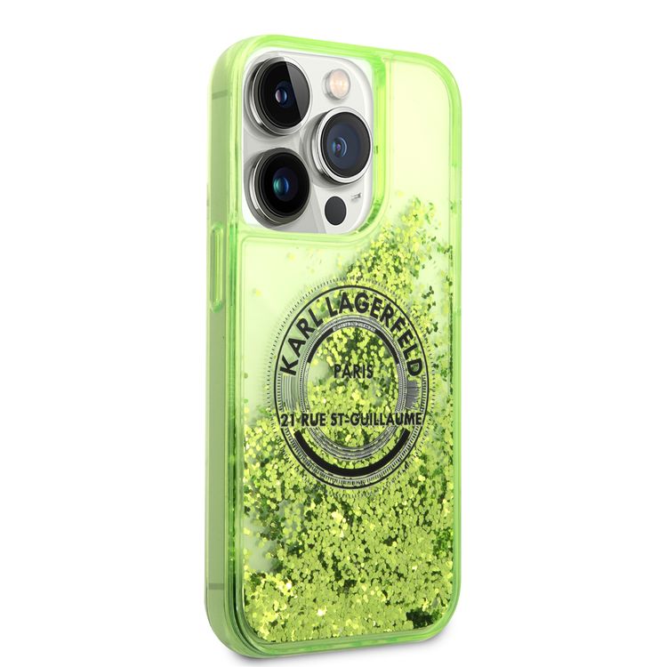 Karl Lagerfeld Liquid Glitter Case Silicone Round RSG Logo Ultra-Thin iPhone 14 Pro Max Compatibility - Yellow