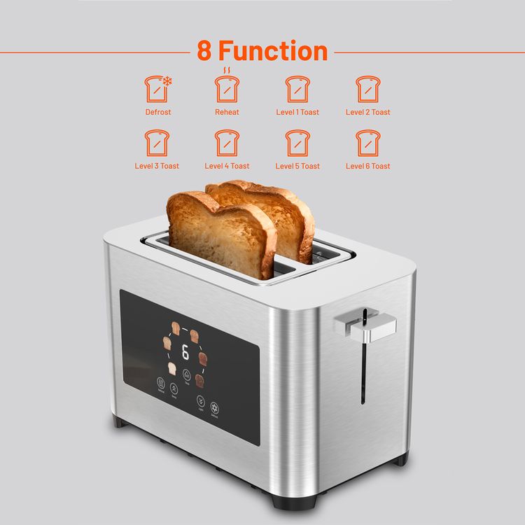 Porodo Lifestyle 2-Slice Bread Toaster with Touch Panel, 750-850W Rated Power, Stainless Steel 410 Material, 6 Browning Levels, 5 Functions, Removable Slide-Out Crumb Tray, Automatic Shut-Off - Silver