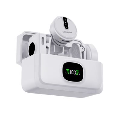 Green Lion GLM-Wireless Mic Lite with 7 Hours Working Time, Compatible with Type-C & Lightning & AUX Devices, 360° Pick Up, Type-C Charging Port, Ultra-Low Latency, ENC Noise Cancellation, 2× Microphones and 1× Receiver, 20m Working Distance, Digital Transmission - White