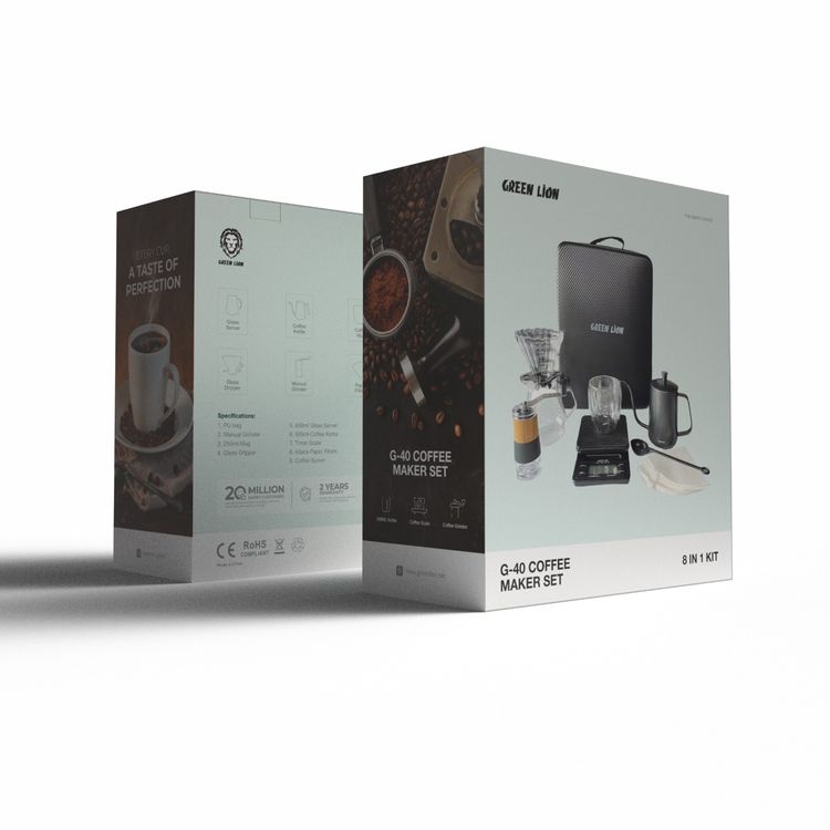 Green Lion G-40 Coffee Maker Set with Manual Grinder, Glass Dripper, Coffee Spoon, Timer Scale - Black