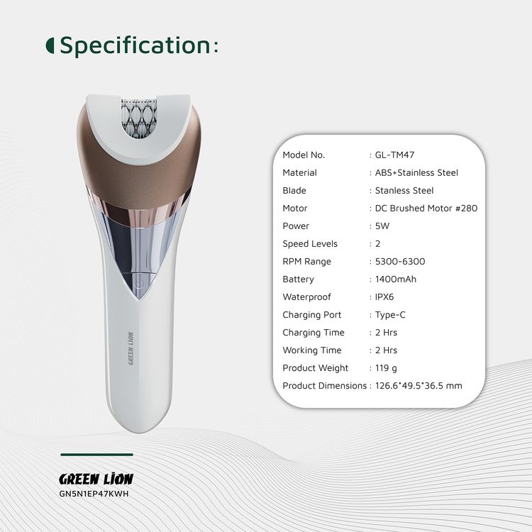 Green Lion 5-in-1 Cordless Epilator Kit with Ergonomic Design, Type-C Charging, #280 DC Brushed Motor, 6300RPM Motor, Stainless Steel Blade, 1400mAh Battery Capacity, Digital Display - White