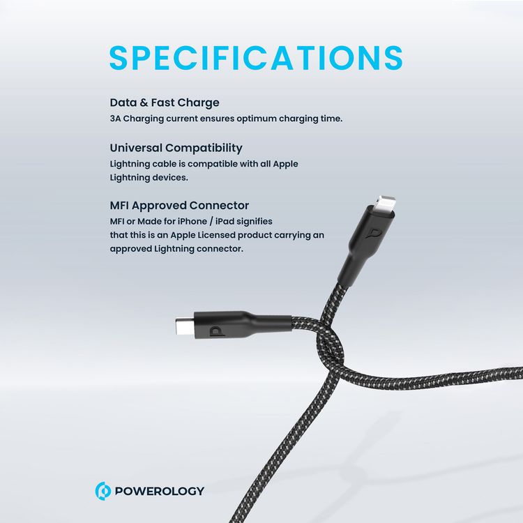 كابل Powerology مضفر من USB-C إلى Lightning بقوة توصيل 60 واط، بطول 30 سم، بتوافق عالمي، وشحن سريع ونقل بيانات - اللون الأسود