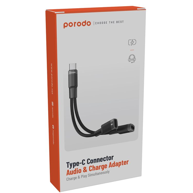 Porodo 2in1 Type-C To 2*Type-C Jack Headphone And Charging  Converter Adapter, Optimal Charge, Plug & Play - Black