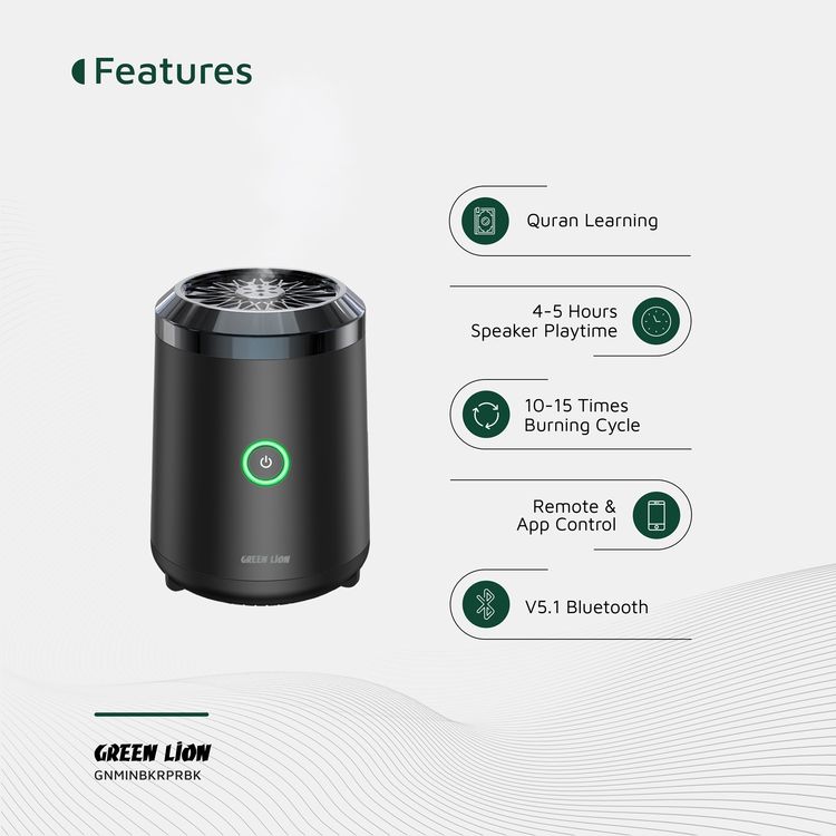 Green Lion Mini Bakhour Pro with Built-in Quran Speaker, 2000mAh Battery Capacity, 18W Power, 10-15 Times Burning Cycle, Remote & App Control, Up to 5 Hours Speaker Playtime - Black