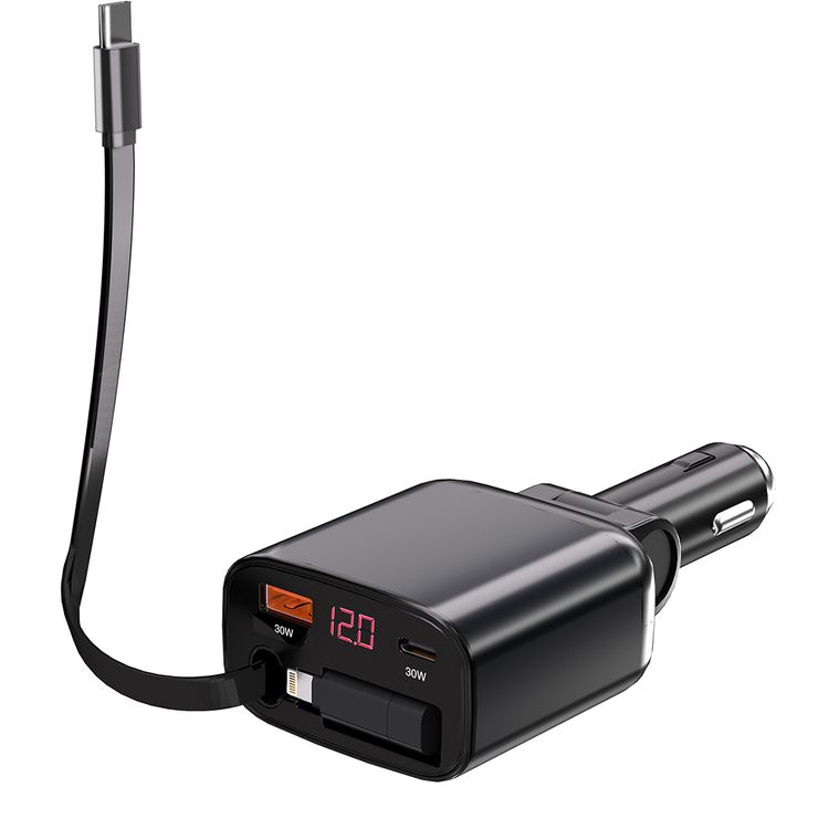 Porodo Dual Port & Connector Car Charger with Retractable Cable, 105W Total Output Power, Simultaneous Charging, USB-A & USB-C Ports, Type-C & Lightning Connectors, 80cm Cable Length, Digital Display, 27W Lightning Adapter, Universal Compatibility - Black