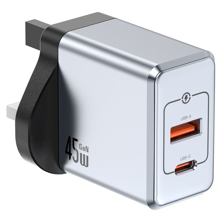 Green Lion GaNPremium UK Plug Wall Charger with 45W Power Delivery, 0%-50% Charge in 30 Minutes, PC Flame Retardant Material, USB-C & USB-A Ports - Gray