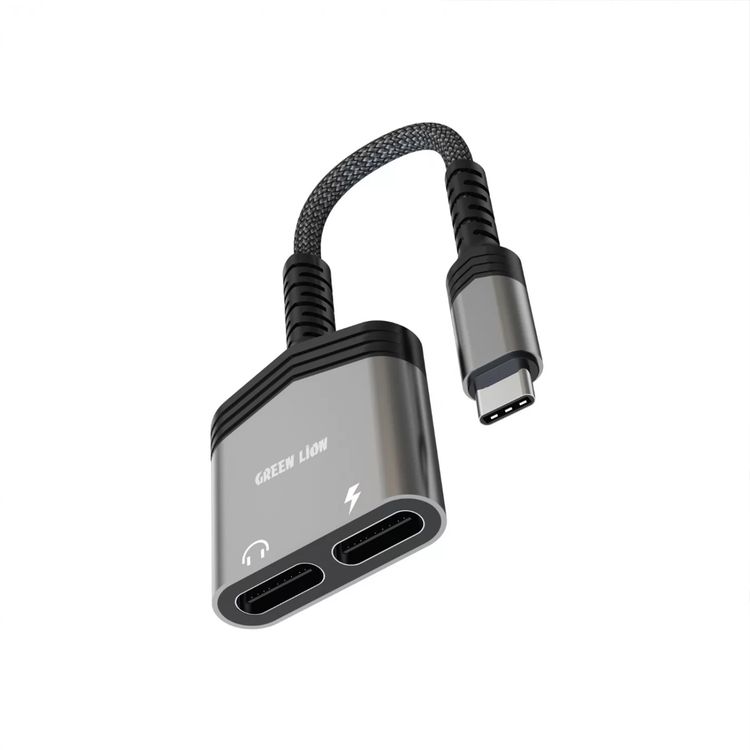 Green Lion 2 In 1 Splitter Adapter Type-C to Type-C (Charging & Audio), 9V/2A Input Rating, 60 W Max Charging Speed - Black