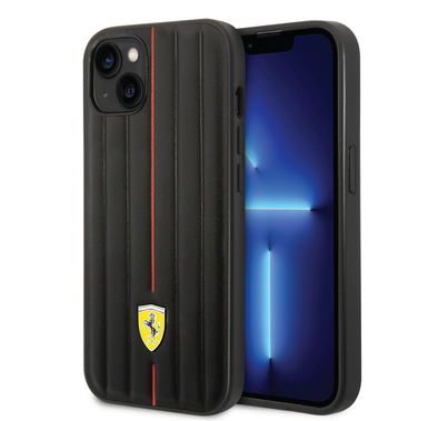 Ferrari Leather Case With Embossed Stripes & Yellow Shield Logo - iPhone 14 Plus - Black
