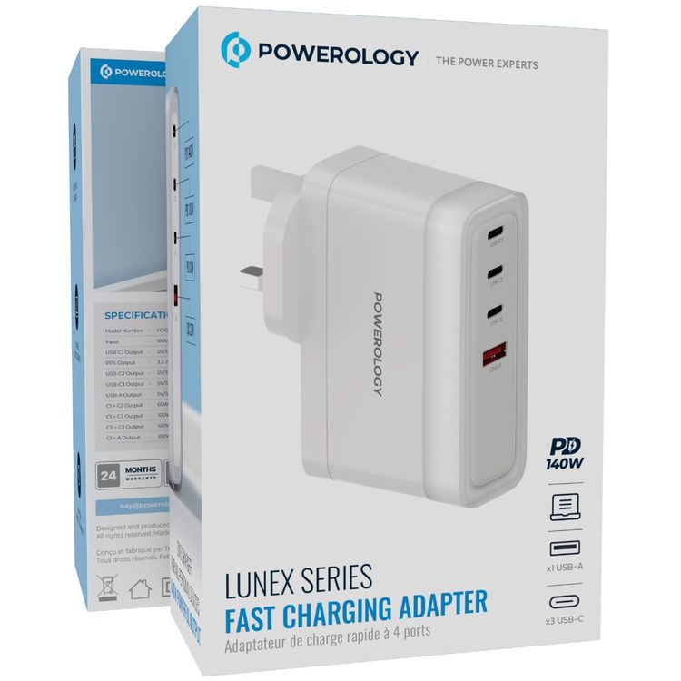 Powerology Lunex Series 4-Port Fast Charging Adapter with 140W PD USB-C Output, 27W QC USB-A Output, Multi-Device Charging, Powerful Laptop Charging, Universal Protocol Support - White