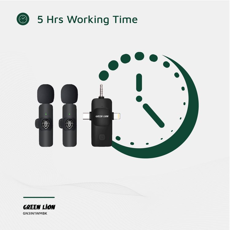 مايكروفون جرين ليون 3 في 1 موصل Type C/Lightning/AUX، عمر البطارية 3-4 ساعات، مسافة نقل تصل إلى 30 متر، تأخير نقل 30 مللي ثانية، يشمل حقيبة حمل - أسود