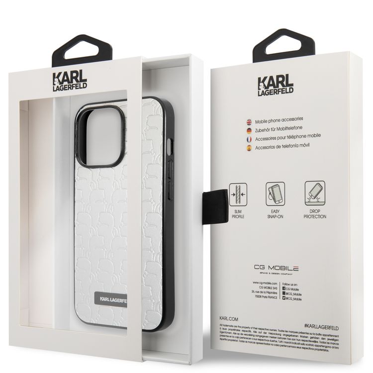 Karl Lagerfeld PU Leather Kameo Embossed Pattern with Plague Hard Case for iPhone 13 Pro - Silver