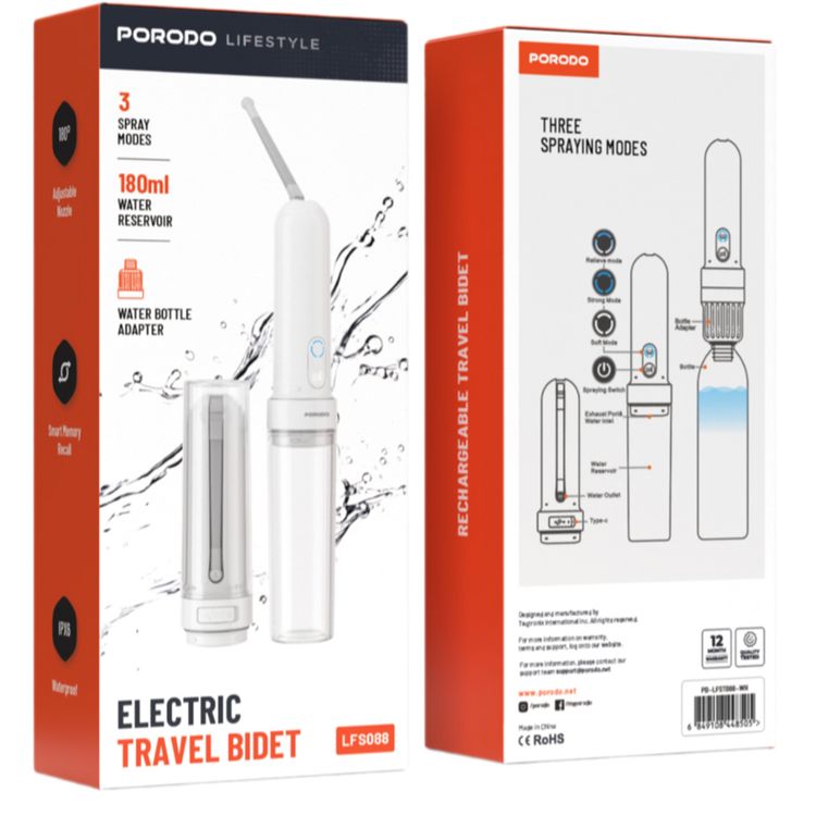 Porodo Lifestyle Electric Travel Bidet with 3 Spray Modes, Smart Memory Recall, Water Bottle Adapter, 180mL Water Reservoir, Waterproof - White 