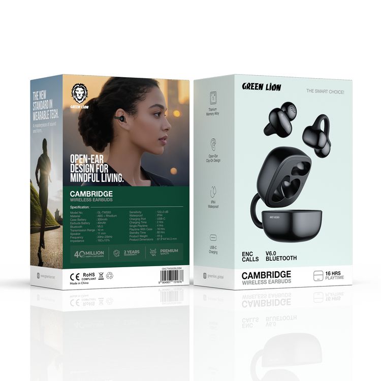 Green Lion Cambridge Wireless Earbuds with 16 Hours Play Time, Bluetooth Version 6.0, ENC Calls, Titanium Alloy, Open-Ear Clip-On Design, IPX4 Water Resistance Level, USB-C Charging Port, 2 Hours Charging Time, 80 Hours Standby Time - Black