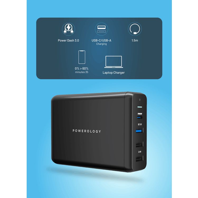 Powerology 4-Port Quick Charge Power Terminal with 75W Power Delivery, Simultaneous Charging, QC 18W, PD 60W, 0%-60% Charge in 35 Minutes, UK 3-Pin Plug - Black