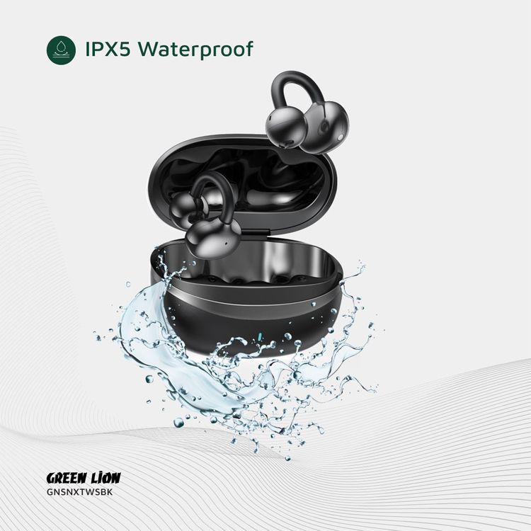 Green Lion Sonix Clip On Earbuds with Environmental Noise Cancellation, Up to 6 Hours of Playtime, 10m Transmission Range, IPX5 Waterproof Rating, Touch Control - Black