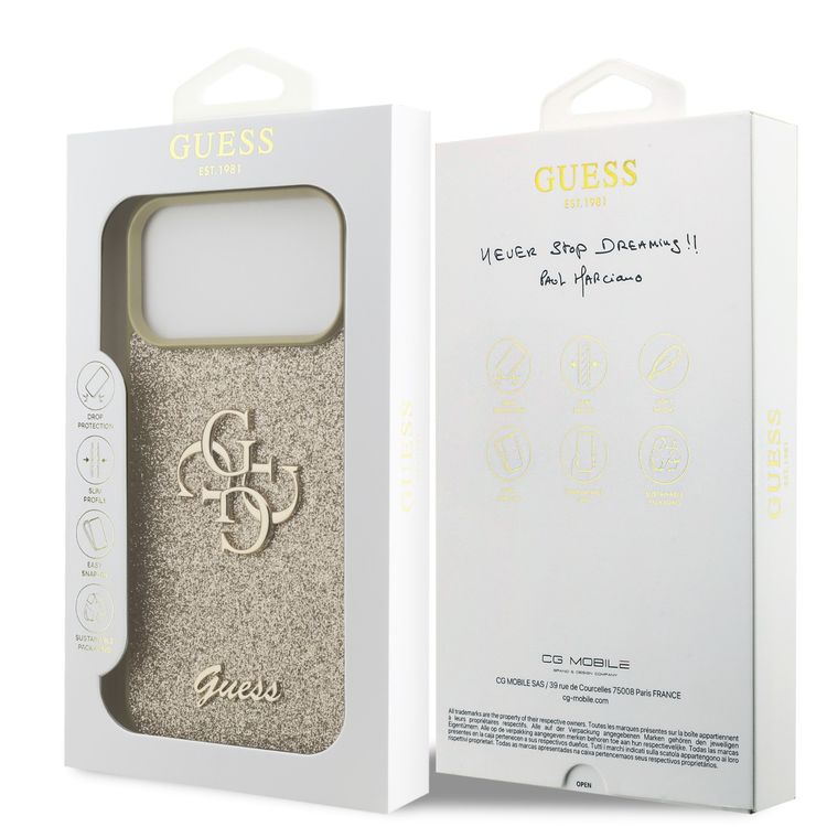 غطاء PU لامع من Guess بشعار معدني كبير 4G لهاتف iPhone 17 Pro Max، حماية من السقوط، تصميم نحيف وخفيف الوزن، سهل التركيب، تغليف مستدام، مقبض مريح - ذهبي