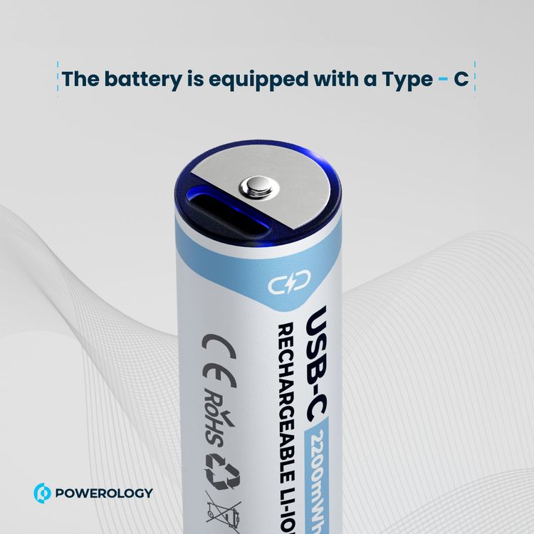Powerology Rechargeable Lithium-ion AA Battery with 1460mAh Battery Capacity, 1.5V Operating Voltage, Type-C Port, Over 1000 Life Cycles, 2200mWh Battery Power - White